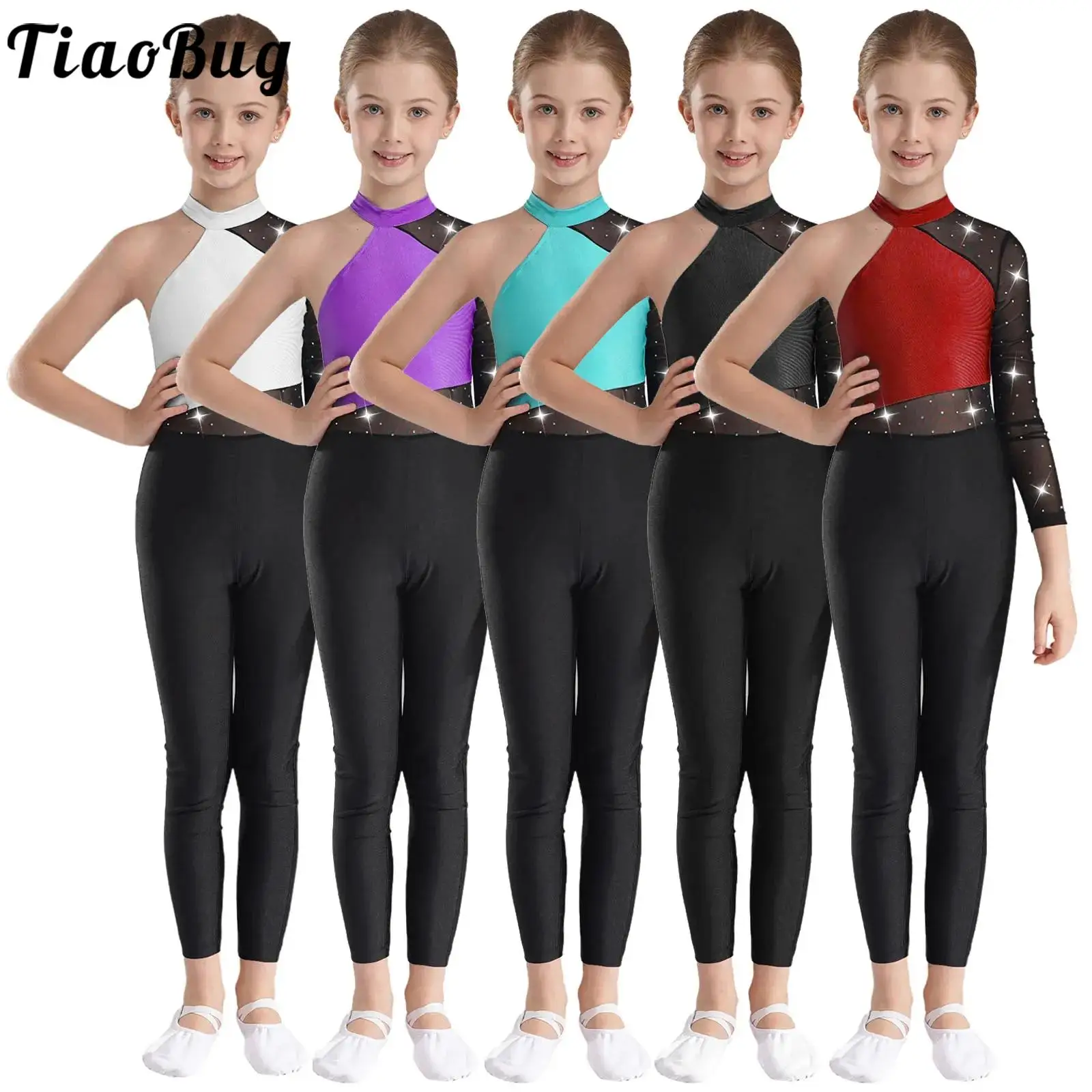 

Kids Girls Long Sleeve Rhinestone Ballet Dance Leotard Gymnastics Jumpsuits Sport Workout Bodysuit Performance Costume Dancewear