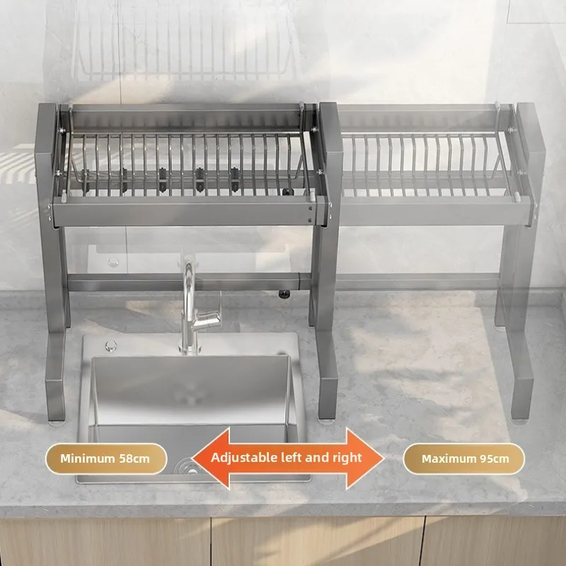 قابل للتعديل حوض الفولاذ المقاوم للصدأ رف تجفيف الأطباق الثقيلة توسيع منظم المطبخ كونترتوب إدارة الفضاء بالوعة واحدة