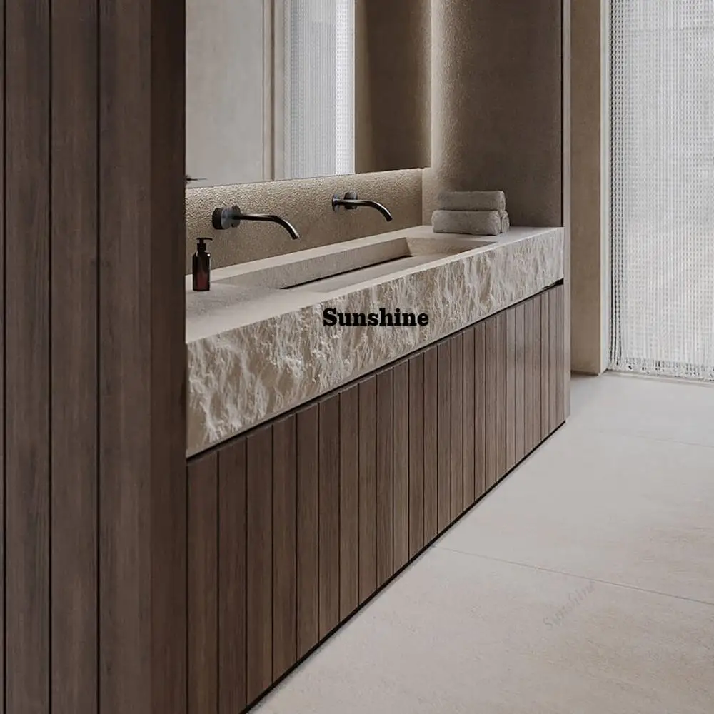 

Vintage Travertine Double Sink Console Textured Undermount Basin with Concealed Drain, Mid-Century Cultured Stone Vanity