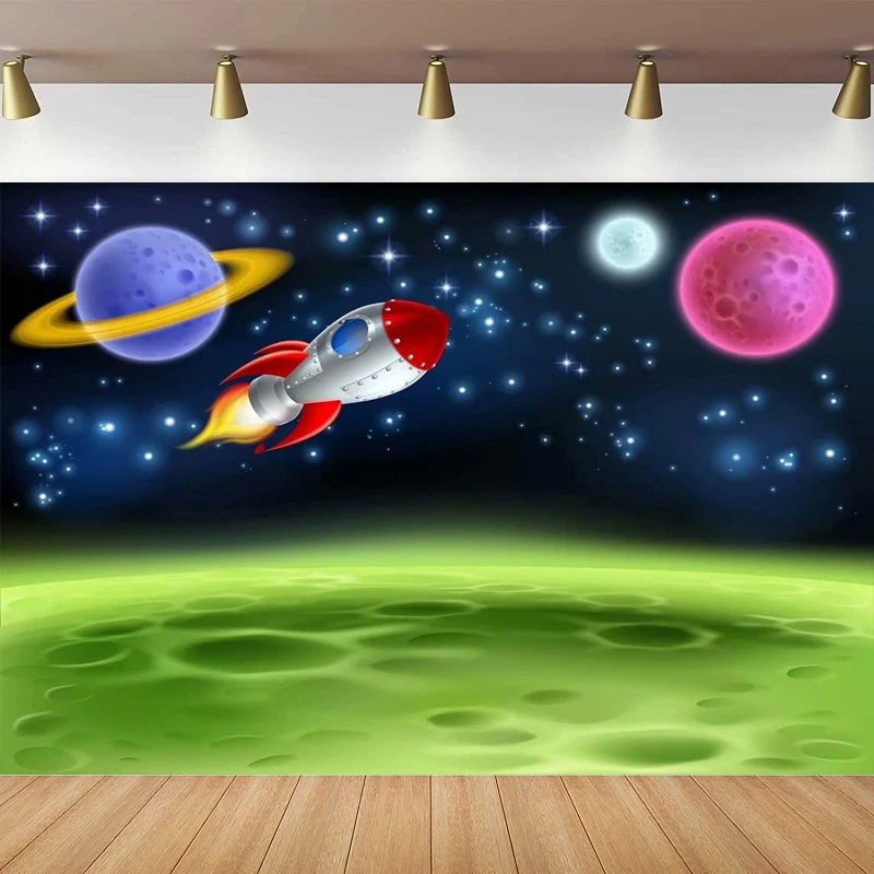 Cartoon Outer Space Photography Backdrop Planet Or Alien Moon With Rocket Ship Galaxy Stars Background for Kids Birthday Party