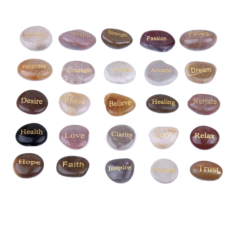 T03C-25 Piedras inspiradoras grabadas con palabras de estímulo Piedras grabadas en oro para piedras de meditación de afirmación de preocupaciones