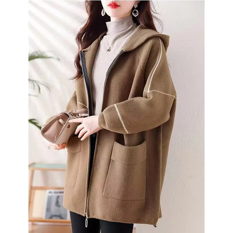 Women Top-Grade Woolen Jacket Korean Ladies Loose Hooded Woolen Tops Spring Autumn Female Medium Long Styles Wool Blend Coat