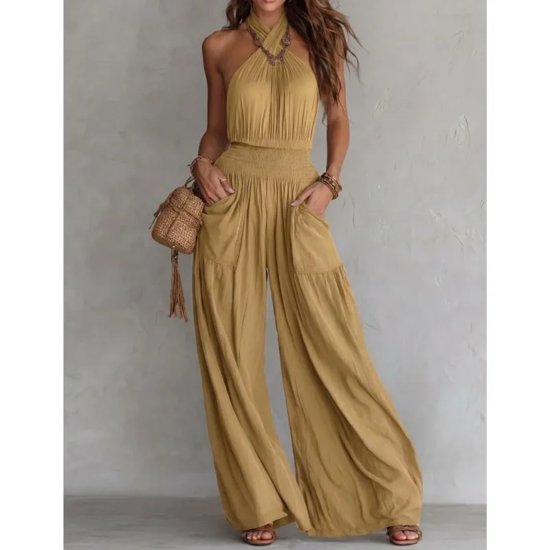 

Retro Solid Women's Loose Wide Leg Jumpsuit Fashion Neck Hanging Design Sexy Backless Romper With Pocket Ladies Office Jumpsuits