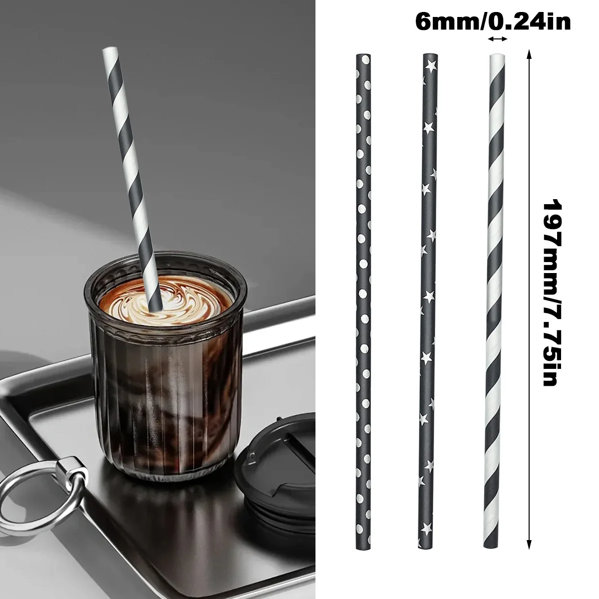 100pcs Biodegradable Black Paper Straws Stars/Dots/Stripes/Waves Drinking Straws for Halloween Birthday Wedding Decorations