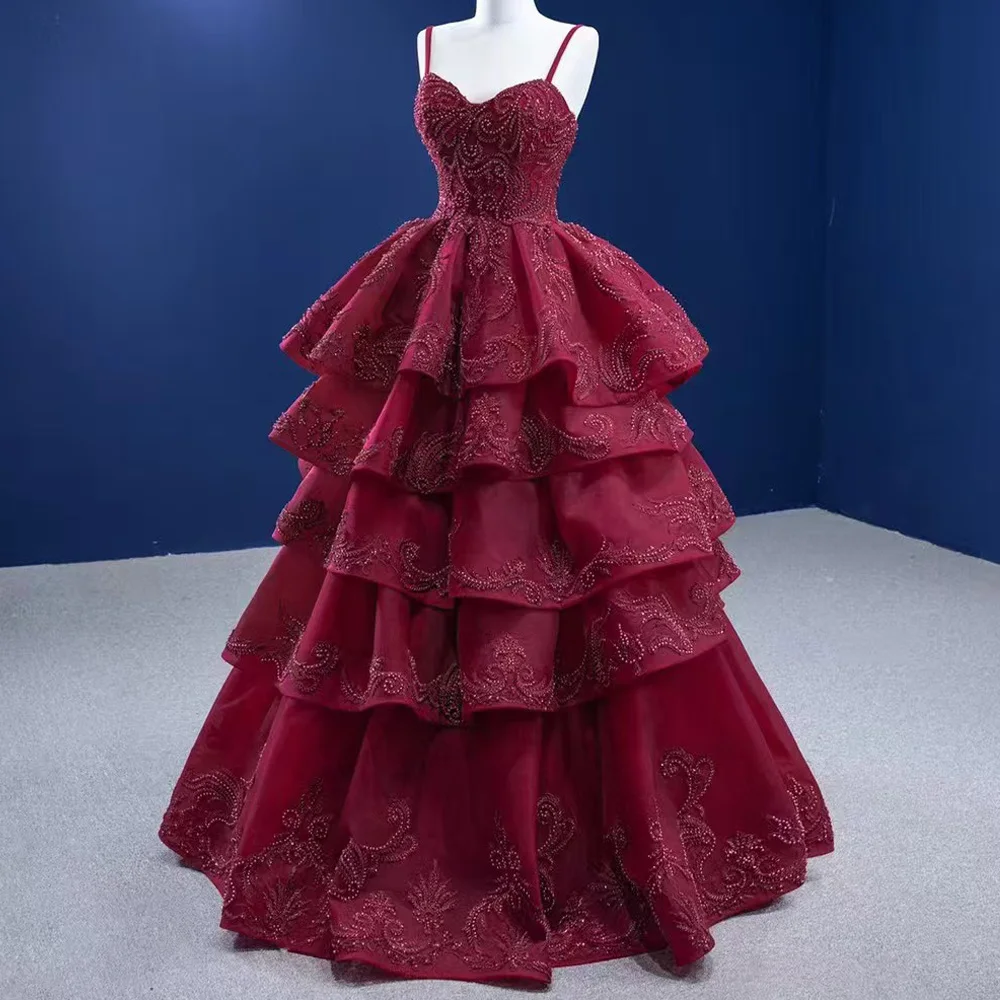 Wine Red Spaghetti Straps Sleeveless Evening Gown Lace Up Back Beaded Tiered Customizable Women's Formal Dress