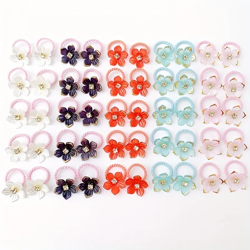 10 Stück elastische Haarbänder für Mädchen mit Strass- und Blumendekorationen, hochelastische, langlebige Haarbänder für den Außenbereich und zum Flechten – Detail 4