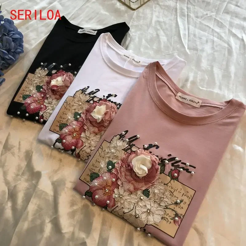 

Spring Summer New Beaded Sequins Flower Print Short-sleeved T-shirt Women All-match Fashion Top