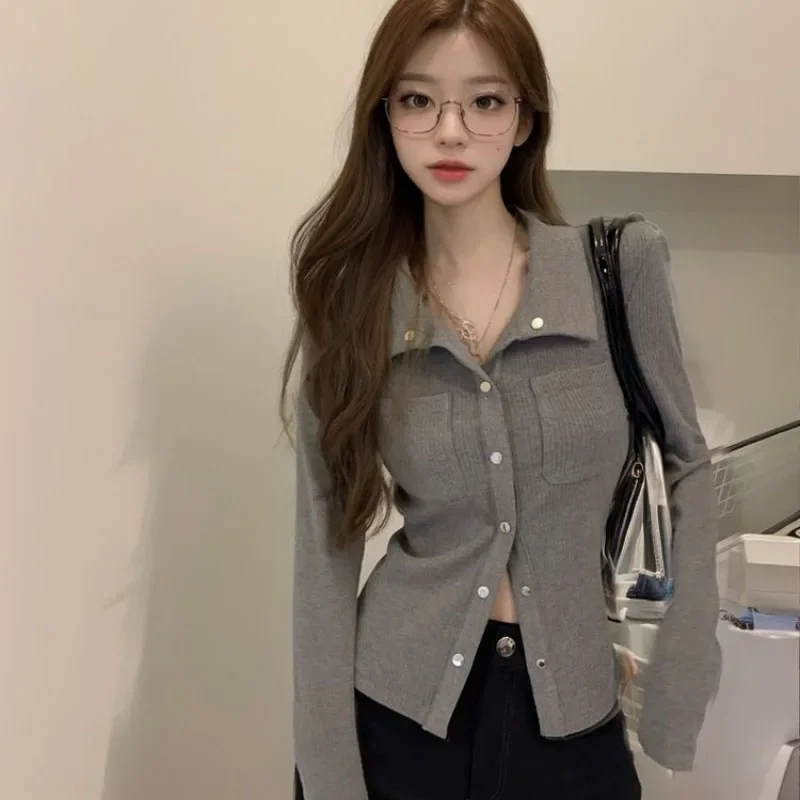 Herbst Damen Graues Einfarbiges Oberteil mit Reverskragen und Langen Ärmeln Einzigartiges Nischendesign Elegante Textur Vielseitig Kombinierbar Koreanischer Chic Minimalistischer Oberteil – Detail 7