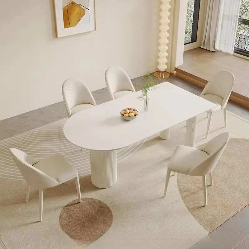 *Modern Simple Cream Style Pure White Rock Slab Dining Table Chair Combination for Small Households and Hotels