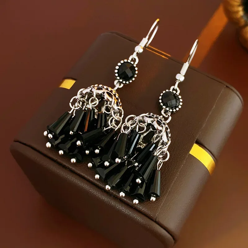DREJEW Vintage Black Lanterns Crystal Tassel Earrings for Women Aesthetic Exquisite Drop Earring Personality Fashion Jewelry