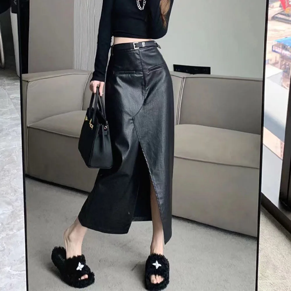 

Korean Faux Leather Split Black Skirt Vintage Loose Long PU Skirts For Women Streetwear High Waist Harajuku Gothic Skirt Faldas