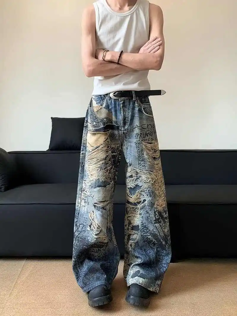 

Womens Jeans High Waist Vintage Straight Y2K Summer Denim Pants Streetwear American Style Ripped Wide Leg Baggy Denim Trouser
