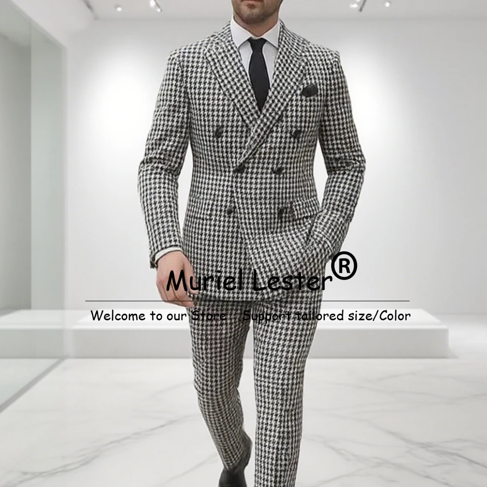

Male Fashion Suits Men 2 Pieces Sets Houndstooth Plaid Business Party Blazers Customized Double Breasted Groom Wedding Tuxedos