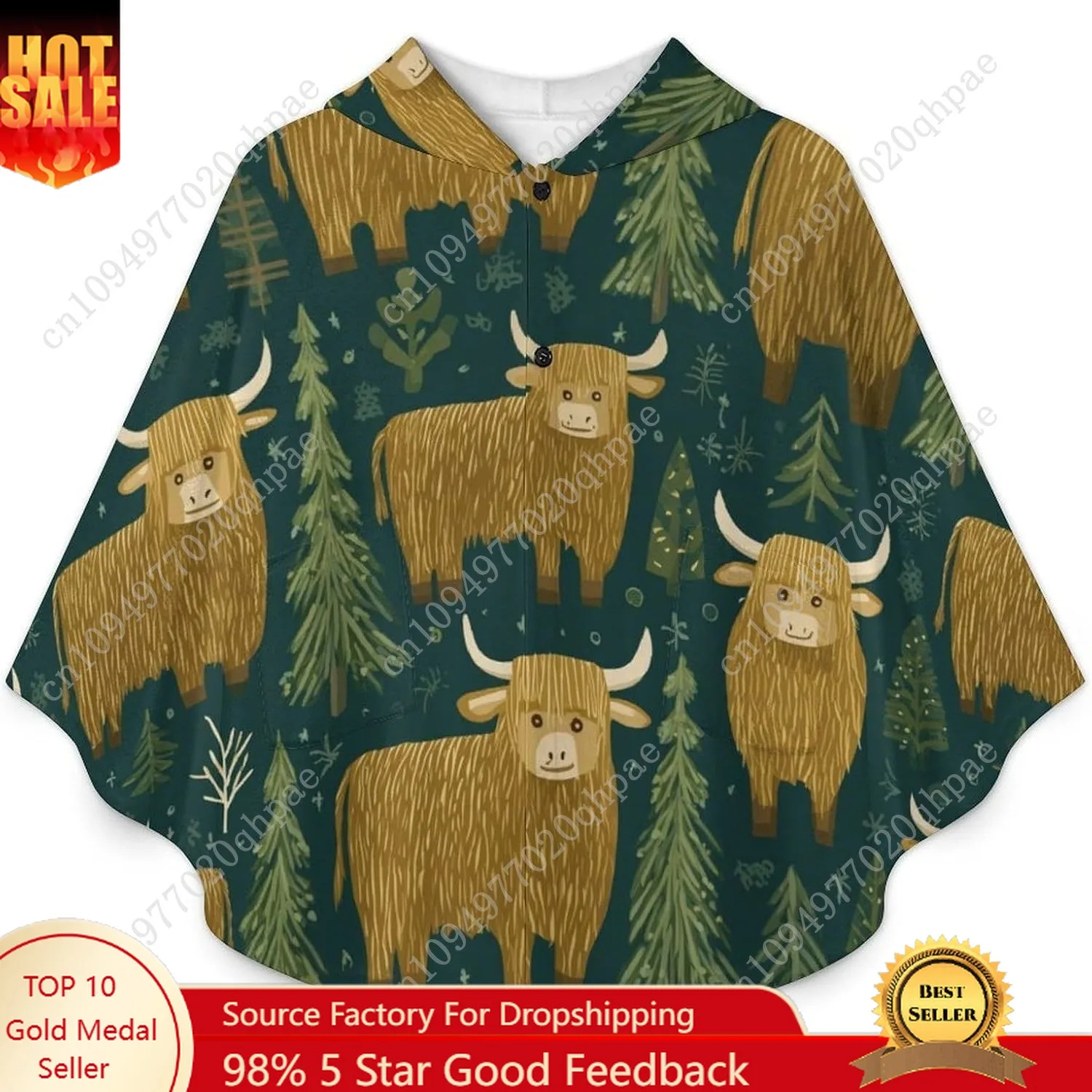 Comodo maglione coperta in flanella, felpa con cappuccio oversize con motivo mucca e alberi con tasche per bambini e adolescenti