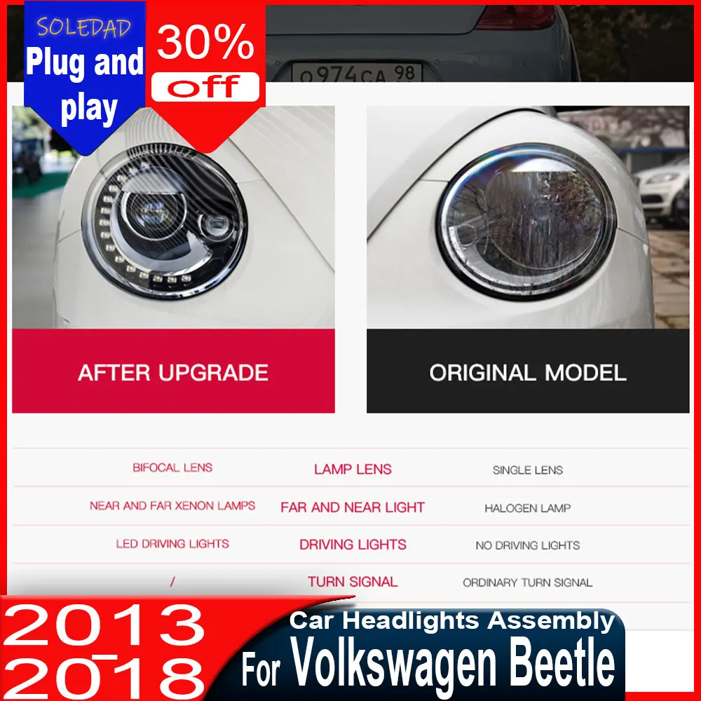 

Пара фар для VW Beetle 2013-2017, фары головного света с линзами проектора DRL, автомобильные аксессуары