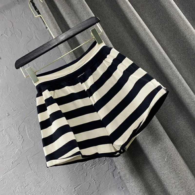 Elegant Drawstring Wild Shorts Women Stripe Printing Pocket High Waist Shorts Bandage Easy Elastic Casual Short Pants Lady