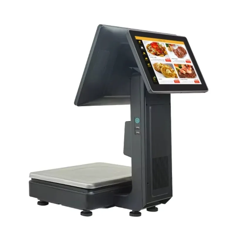 All-in-one Electric POS Scale Cashier Machine Dual Touch Screen Windows/Android OS 15-30kg Capacity Weighing System