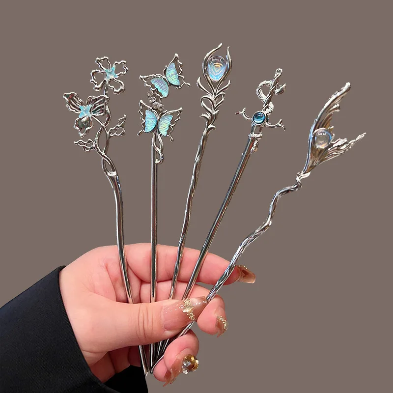 

2025 New Chinese style Moonlight Stone Hairpin Women's Ancient Style Butterfly Liquid Metal Headpiece