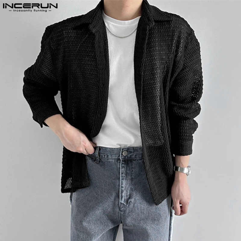 INCERUN Men Shirts Solid Color Hollow Out Lapel Long Sleeve Casual Men Clothing Streetwear 2024 Transparent Fashion Shirts S-5XL