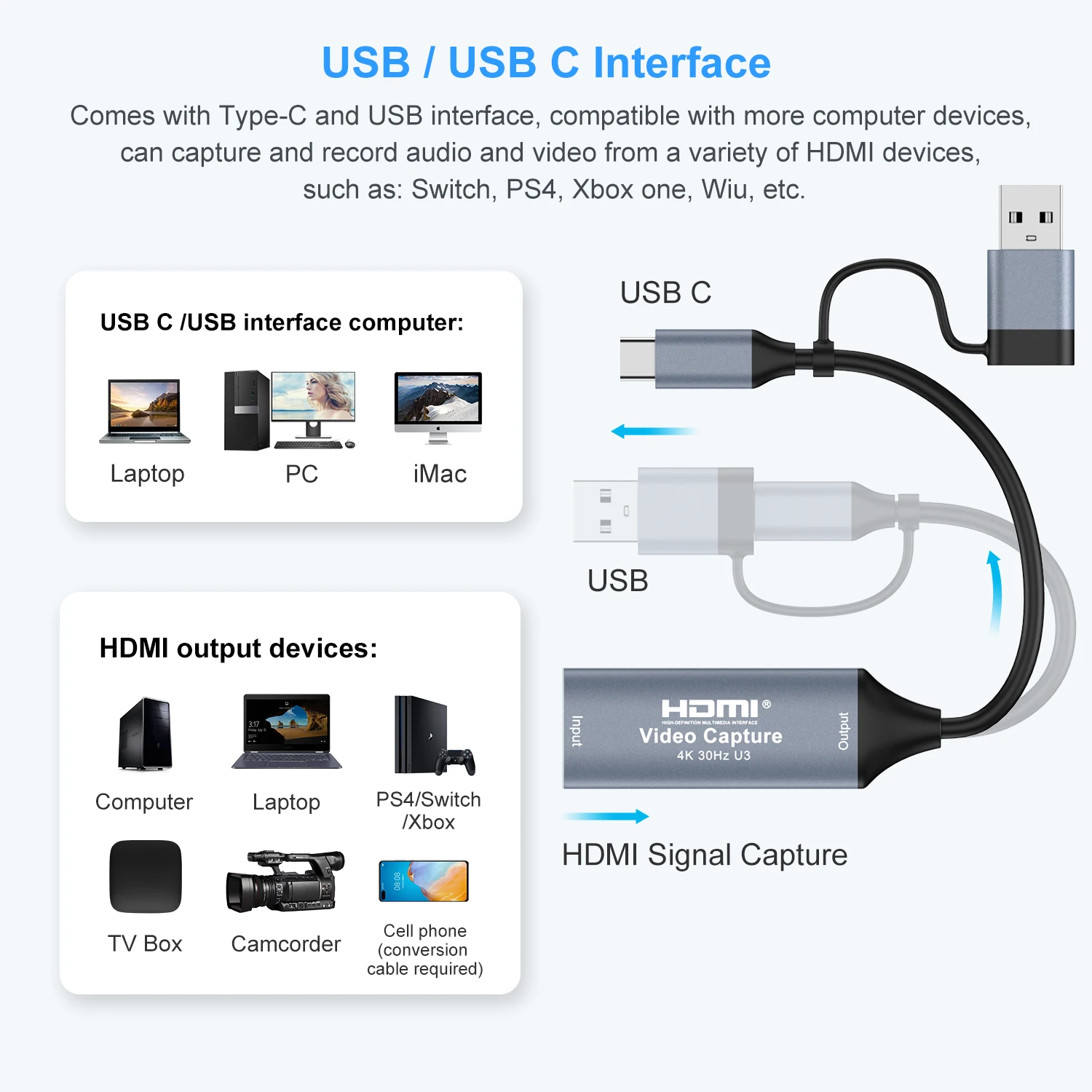 Type C/USB 3.0 to HDMI-compatible 2 in 1 Video Capture Card Game Grabber Record for PS4/5 Camcorder Switch Live Broadcast Camera