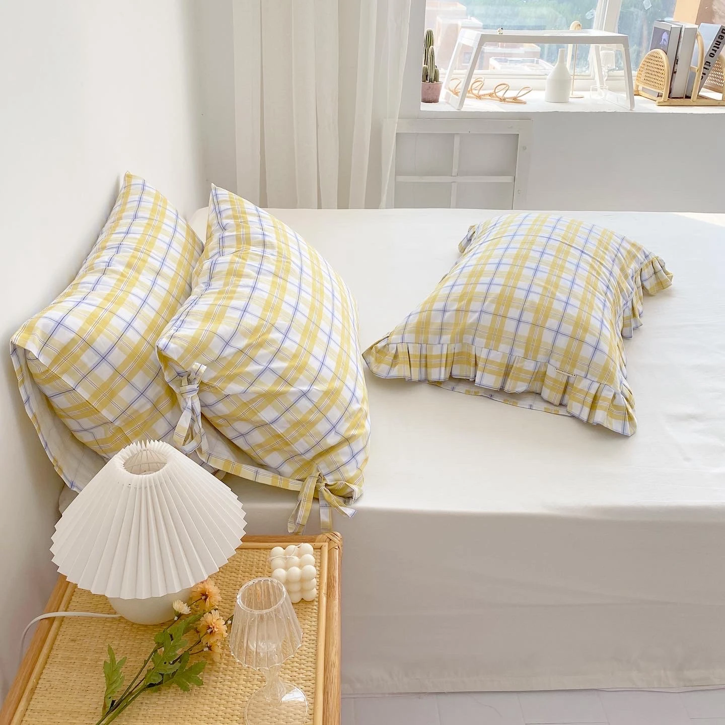 Yellow Plaid Sleeping Pillowcase, 100% Cotton, Minimalist Style, Sleep Pillow Cover, Korea, 48x74cm