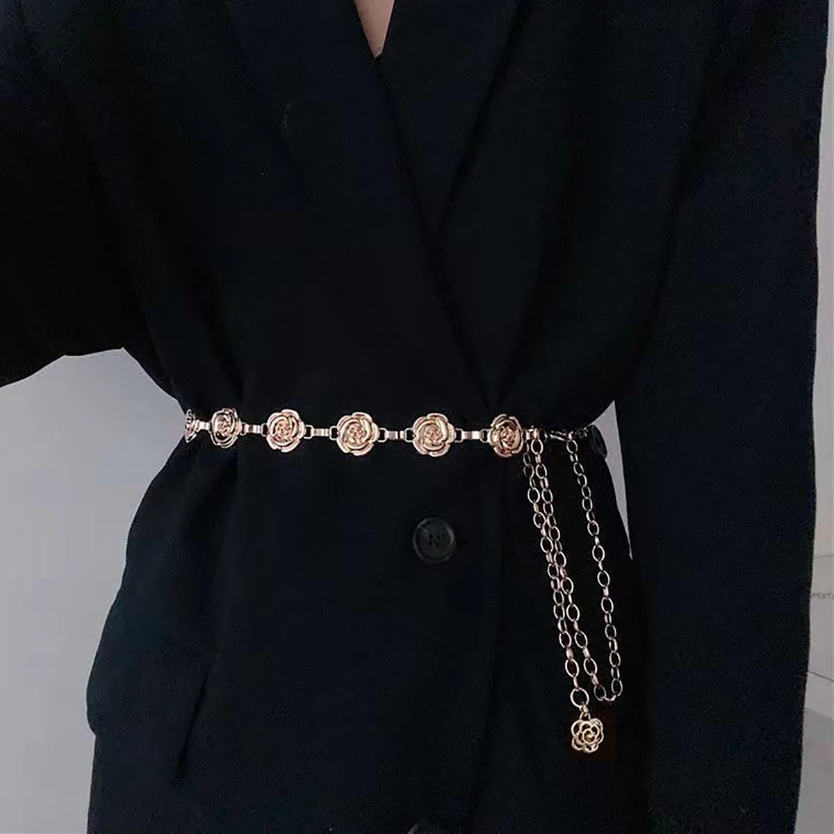 

Metal Rose Waist Chain with Versatile Dress Decoration, Waist Belt, Body Chain Accessories, European and American Fashion, New