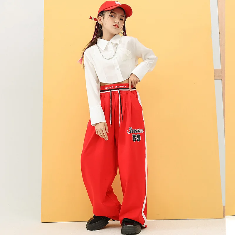 Kind Hip Hop Kleidung Weiß Kurze Crop Top Langarm Shirt Rot Casual Straße Sweat Hosen für Mädchen Jazz Dance Kostüm Kleidung