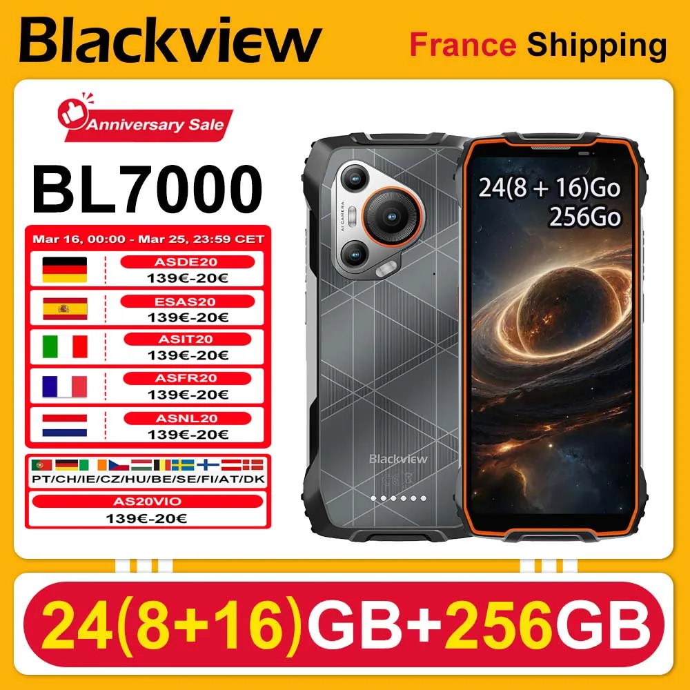 Smartphone robuste Blackview BL7000 5G AI (sans prise EU) Android 15, 24 (8 + 16) Go, 256 Go, écran 6,78 pouces, 120 Hz, batterie 7 500 mAh, 33 W, NFC