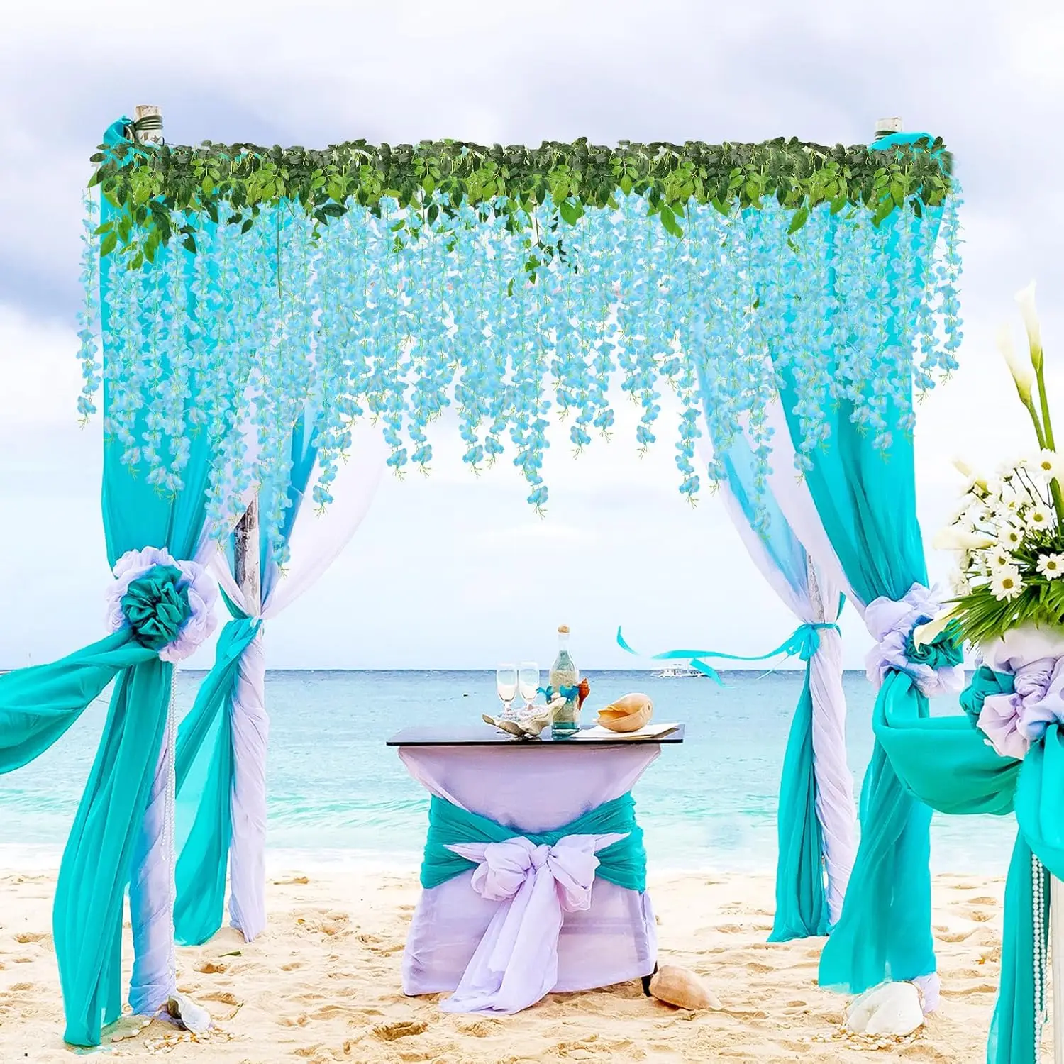 24 قطعة من زهور الوستارية المعلقة. 7 أقدام من الكرمة الاصطناعية سلسلة إكليل وهمية لحفلات الزفاف والحديقة الخارجية والخضرة لتزيين الحائط