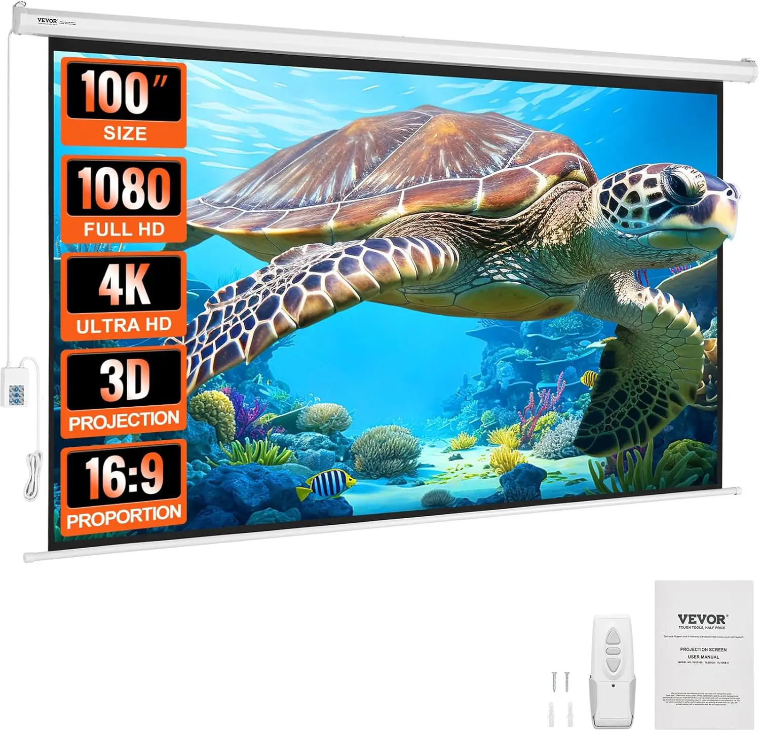 شاشة عرض بمحرك 100 بوصة، 16:9 4K 1080 HD شاشة عرض أوتوماتيكية، شاشة عرض كهربائية مع جهاز تحكم عن بعد