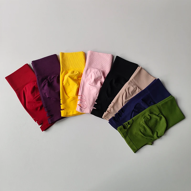 Pfirsichfarbene Sport-Shorts mit hoher Taille, dreiteilige Yoga-Hose für den Sommer, lichtdicht, schnelltrocknend, geeignet für Pilates und Fitness. – Detail 2