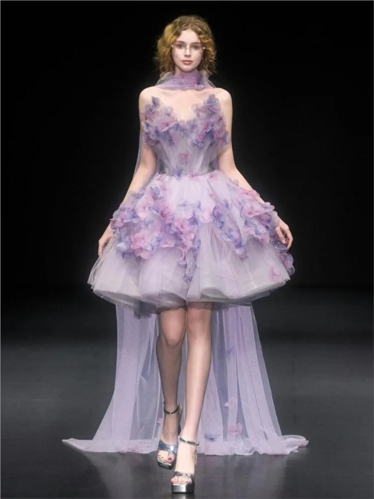 

Sweet strapless floral puffy gauze performance banquet light luxury birthday dress
