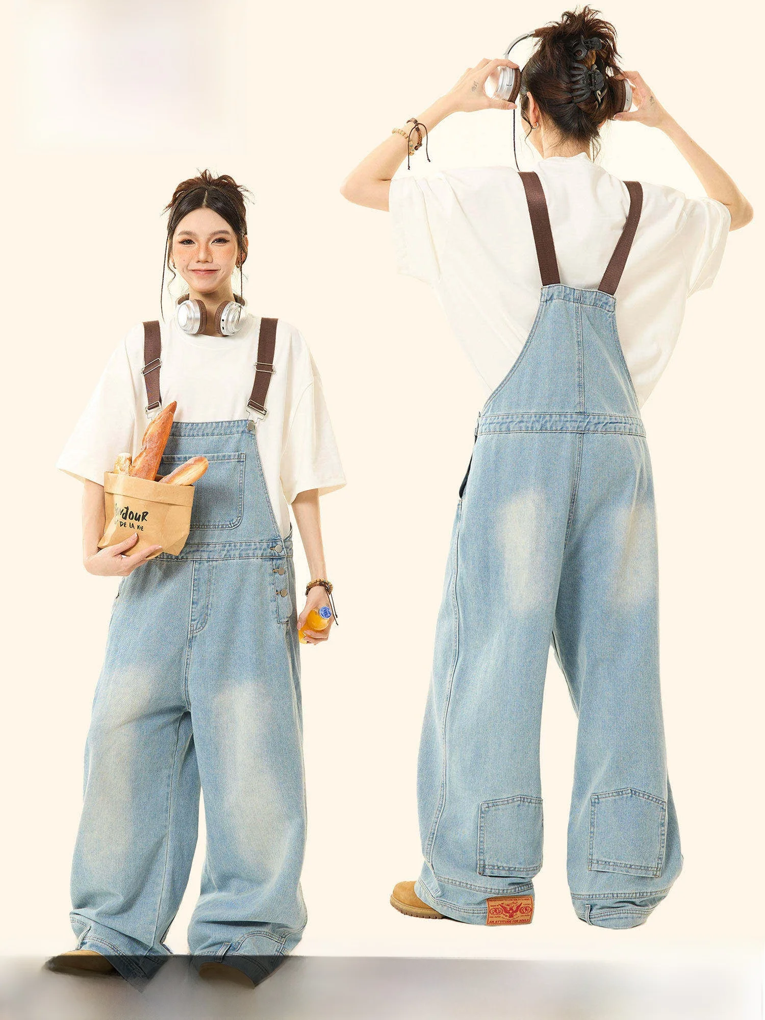 

Джинсовый комбинезон «Ледяной синий» для мужчин и женщин, свободные брюки-карго в стиле High Street, винтажные американские, повседневные, износостойкие