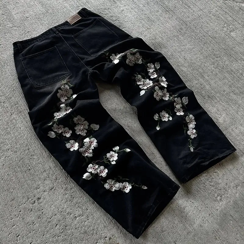 Harajuku Cherry Blossom Embroidered Jeans Streetwear Hip-hop Gothic Men Women Y2K Clothes Vintage Low Waist Wide Leg Trousers