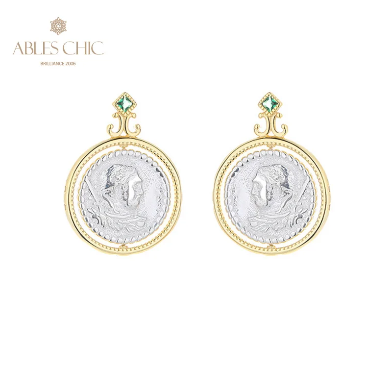 Rotating Greek Replica Silver Coins Studs Solid 925 Silver Roman Coin CZ Accent Earrings E1066