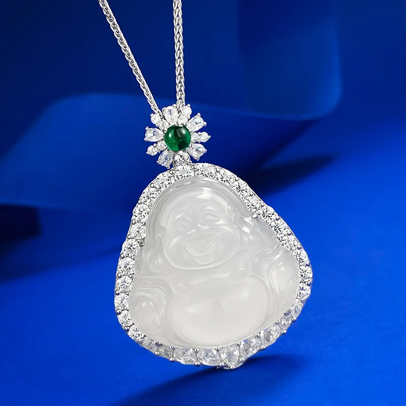 The new S925 silver inlaid Myanmar natural foam jade Buddha pendant with high ice white jade marrow necklace