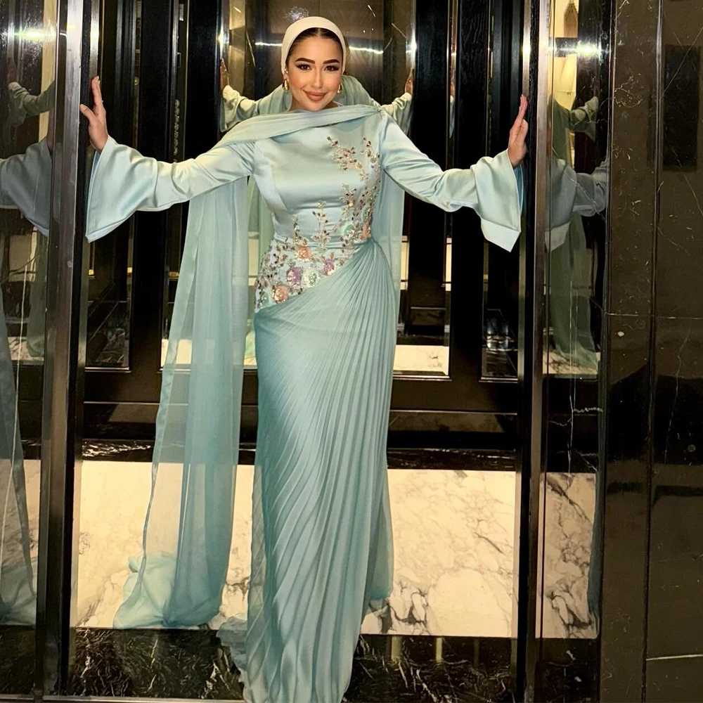 

Customized Embroidery Hijab Evening Dress Draped Pleat Muslim Women's Formal Evening Gowns Mermaid Islamic Prom Dresses