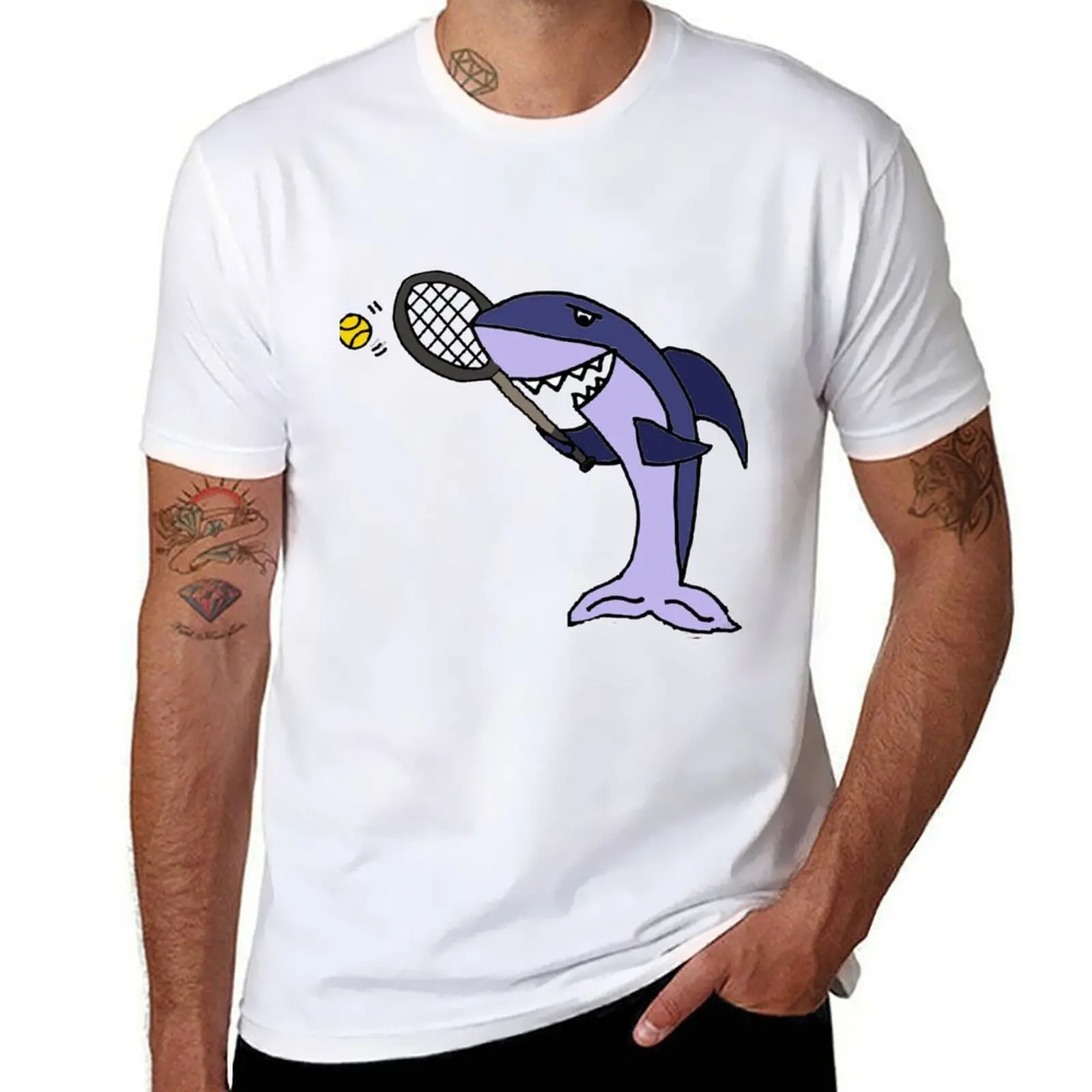 

Funny Shark Playing Tennis Cartoon T-Shirt t shirts designer anime t shirts oversize T-Shirt