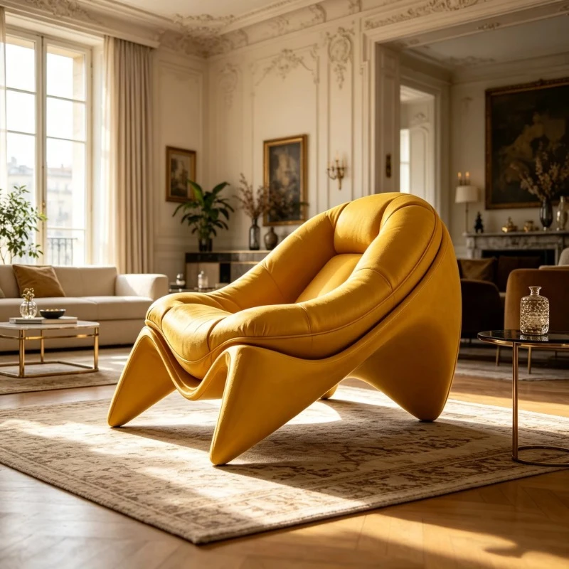 Yellow leather upholstered recliner modern curved ergonomic leisure armchair