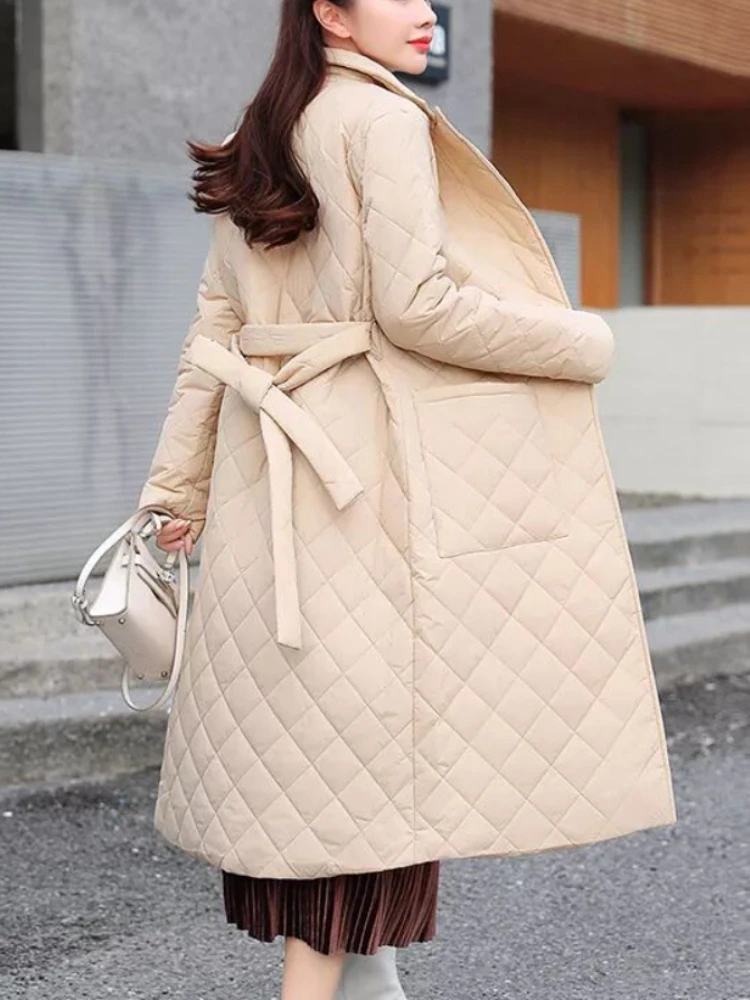 Women Long Jacket Coat for Winter 2024 Beige Fashion Parka Green Quilted Warm Jacket with Belt for Women Female Parkas Clothes