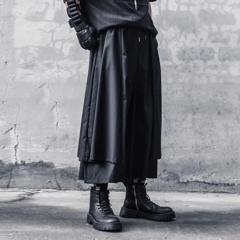 Mens Wide Leg Pants Tactical Elastic Waist Streetwear Skirts Pants Y2K Fake two Pieces Loose Punk Japanese Dark Fighter Trousers