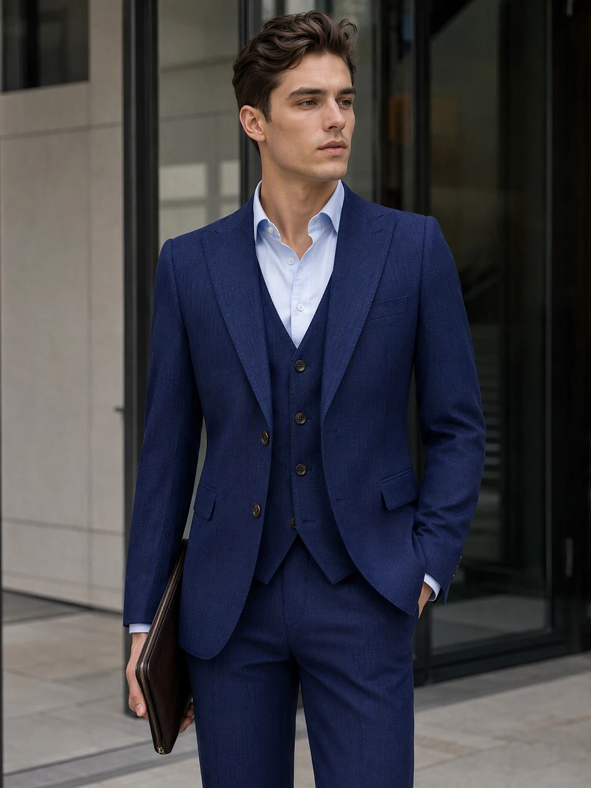Fashion Stitching Process 2 Buttons on Suit Modern Design Mens Suits Office Bead Edge Craftsmanship Blue 3-Piece Set