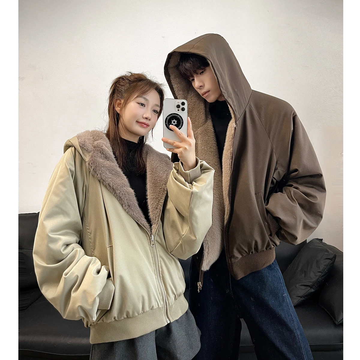 سترة بغطاء للرأس مبطنة بالصوف مزدوجة الوجه للجنسين - أخضر حكيم (كحلي/بني/أسود) S-XL ملابس شتوية دافئة للزوجين ​