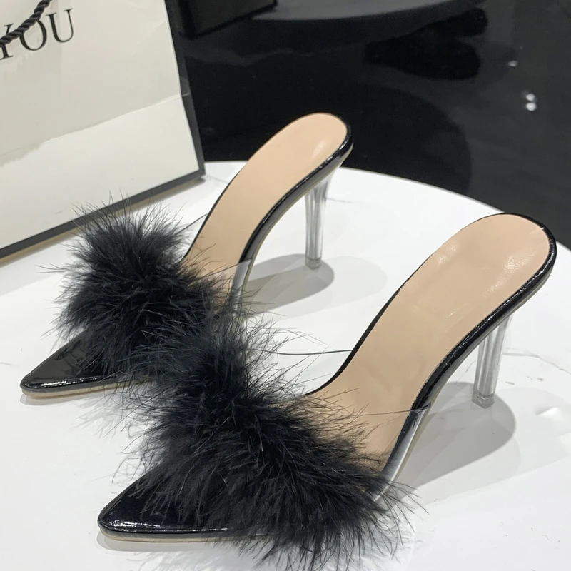 PU leather with feather peep toe transparent high heel slippers summer sexy slip on clear heel slides women mules shoes