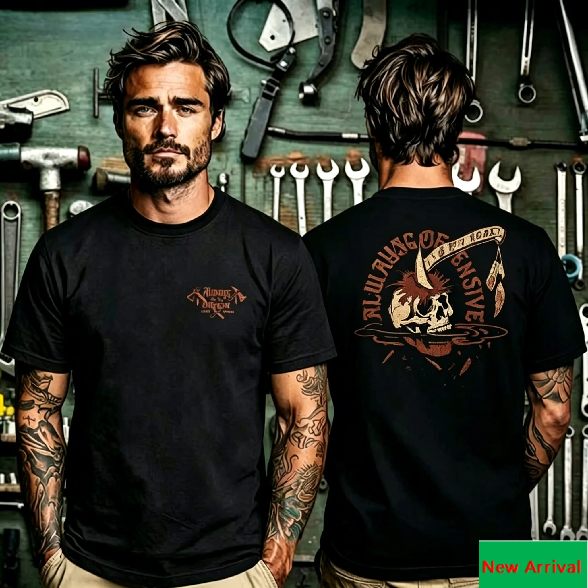 Aged Effect Feather Skull with Axe Front Back Graphic Print T Shirt, Wild West Art Design Unisex T Shirt, Trendy Casual Top