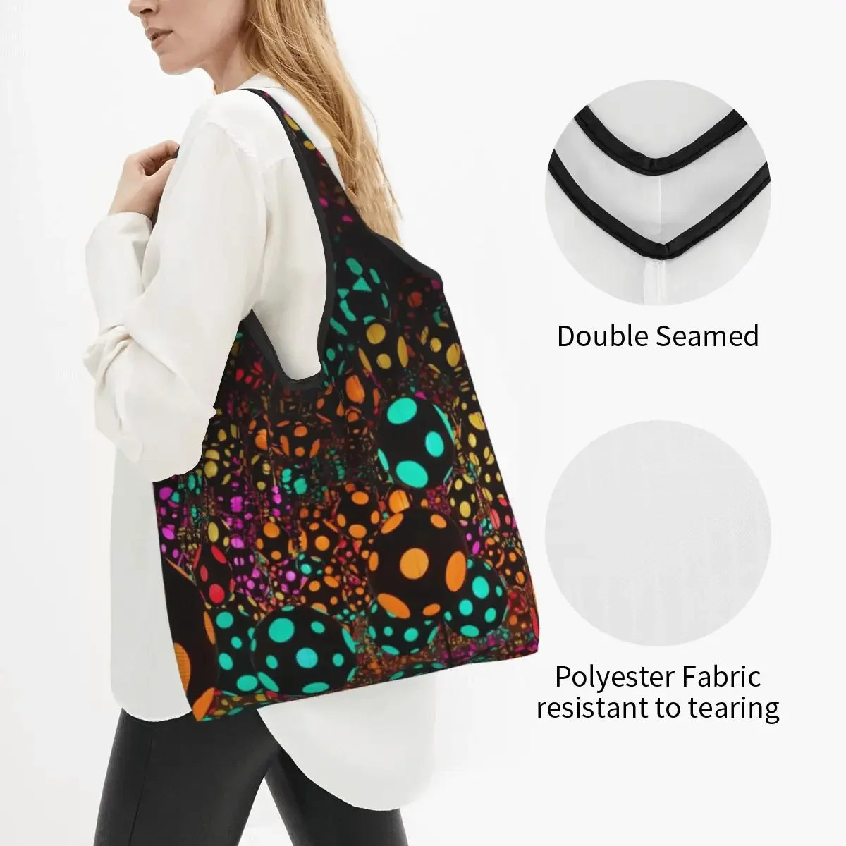 Reusable Yayoi Kusama Grocery Bag Foldable Machine Washable Light Ball Mystery Shopping Bags Large Eco Storage Bag Lightweight