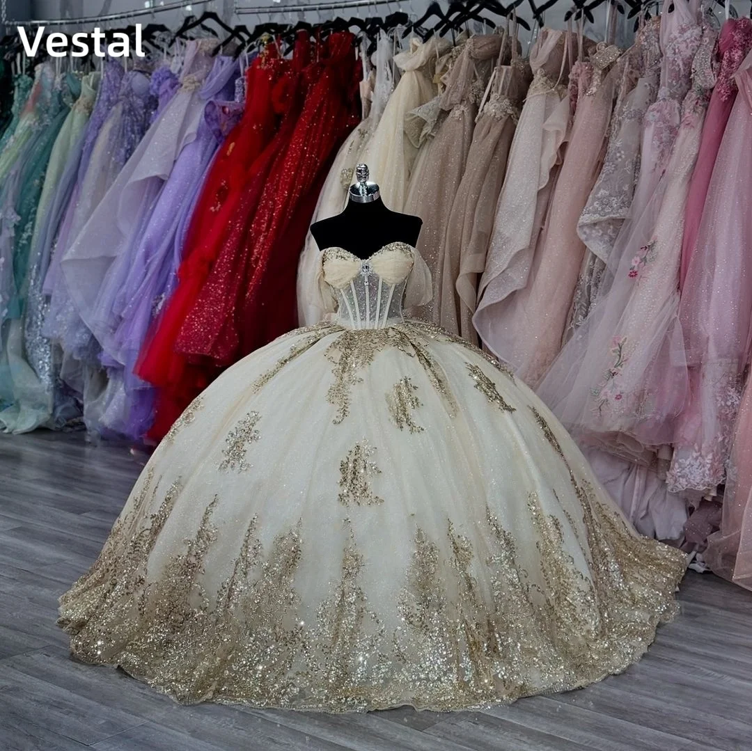 

Glitter Tulle Quinceanera Dress Off The Shoulder Gold Lace Applique Ball Gown Sweet 16 Formal Party Dresses Customized