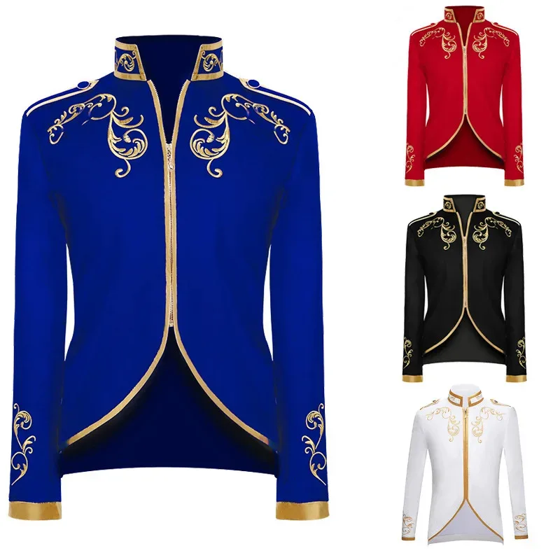 

Medieval European and American court prince cos suit jacket with gold embroidery standing collar retro jacket drummer stage outf