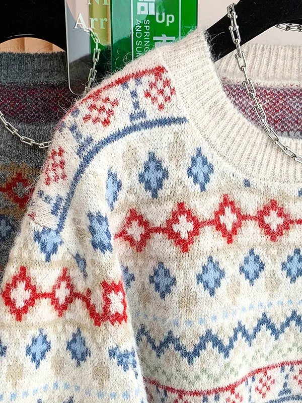 Authentic Knitted Sweater Fair Isle Pattern round Ne Overhead Color Blo Design Casual Loose Fit Long Sve Girls Top