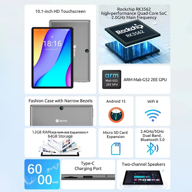 BMAX I9PLUS betaalbare kindertablet 10,1-inch 4GB+4GB RMA64GB SSD Android 152,4GHz/5GHz dual-band Wi-Fi 4G volledig netwerk